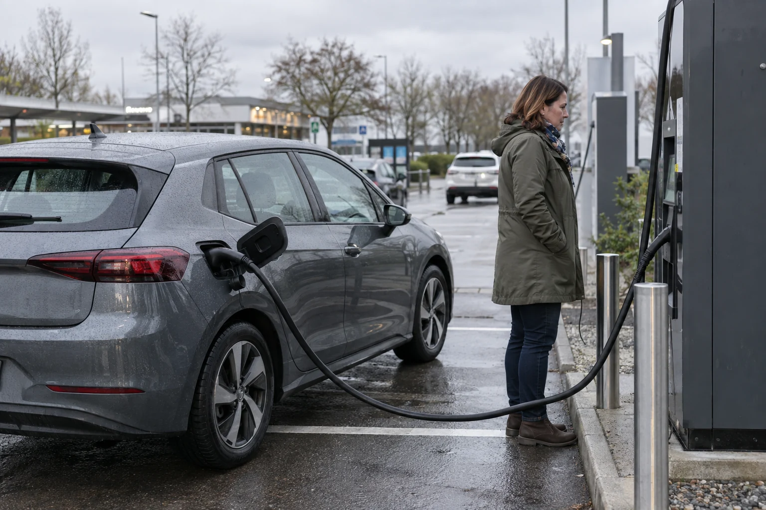 Illustrative electric-car driver at a public charging station