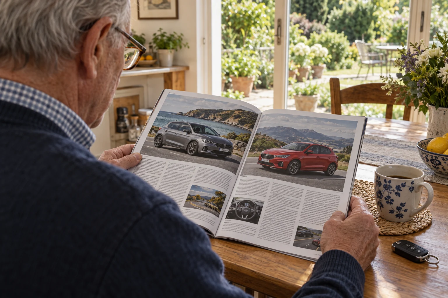 Illustrative reader comparing vehicles in an automotive magazine